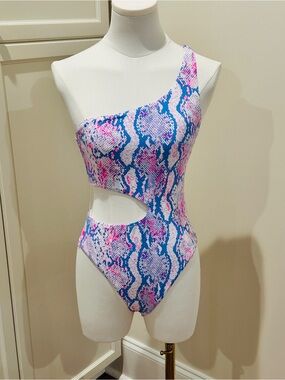 Aqua One-Shoulder Cutout Snake-Print Swimsuit in Blue & Pink